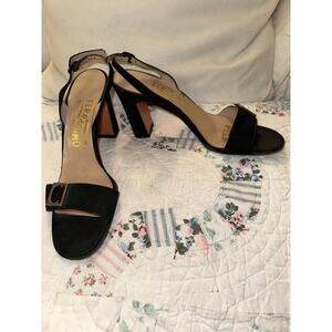 SALVATORE FERRAGAMO SLINGBACK BLACK SUEDE SANDALS WITH LOGO BUCKLE 7N